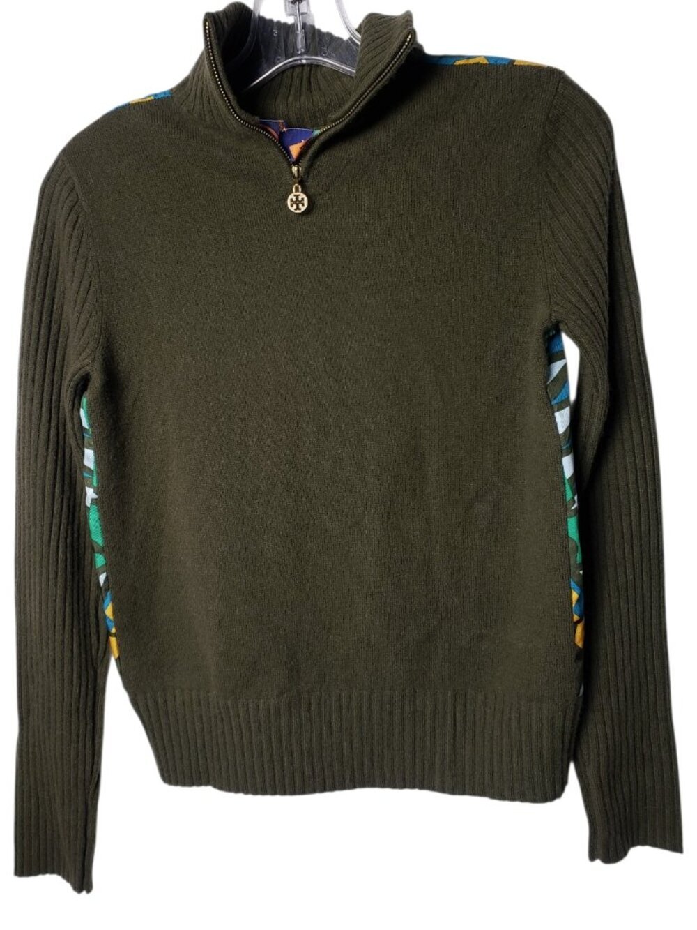 Tory Burch Womens Olive Green Half-Zip Sweater W/Vibrant Mandala Xsmalll - Picture 2 of 11